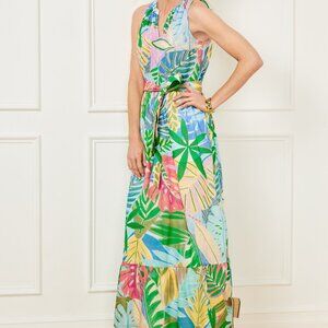 Talbots colorful NWT fit flare belted sleeveless Paradies Foliage maxi dress 16